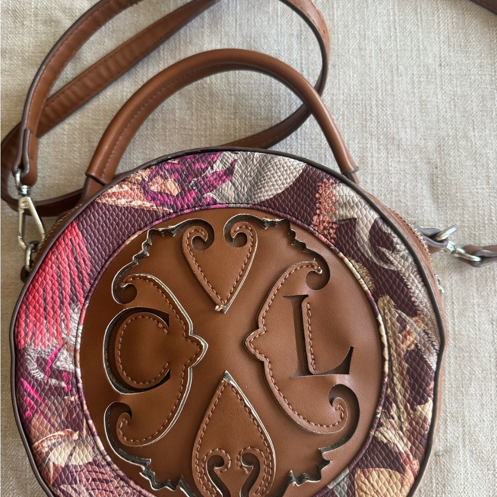 Christian Lacroix Nora Round Tooled Floral Canteen Shoulder Bag EUC